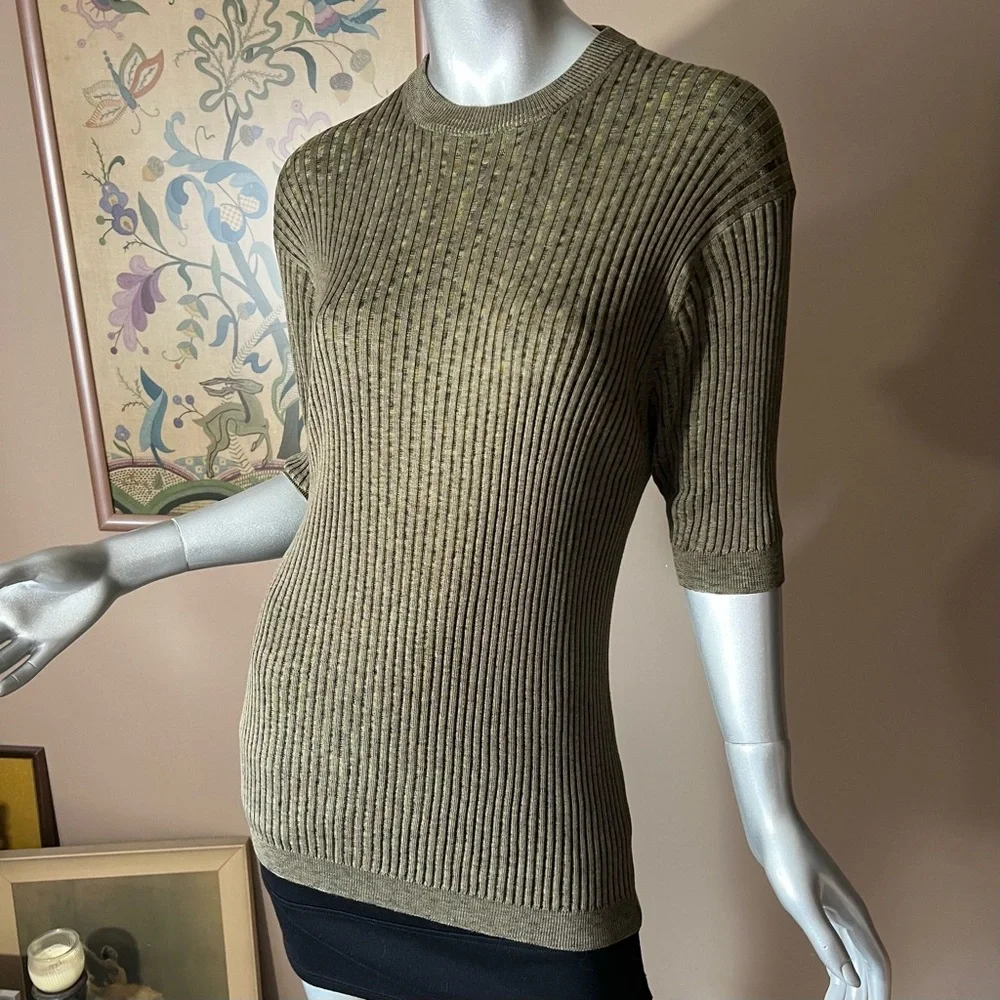 Baracuta 100% Silk Sweater Top Olive Green Ribbed Soft & Stretchy Size LARGE